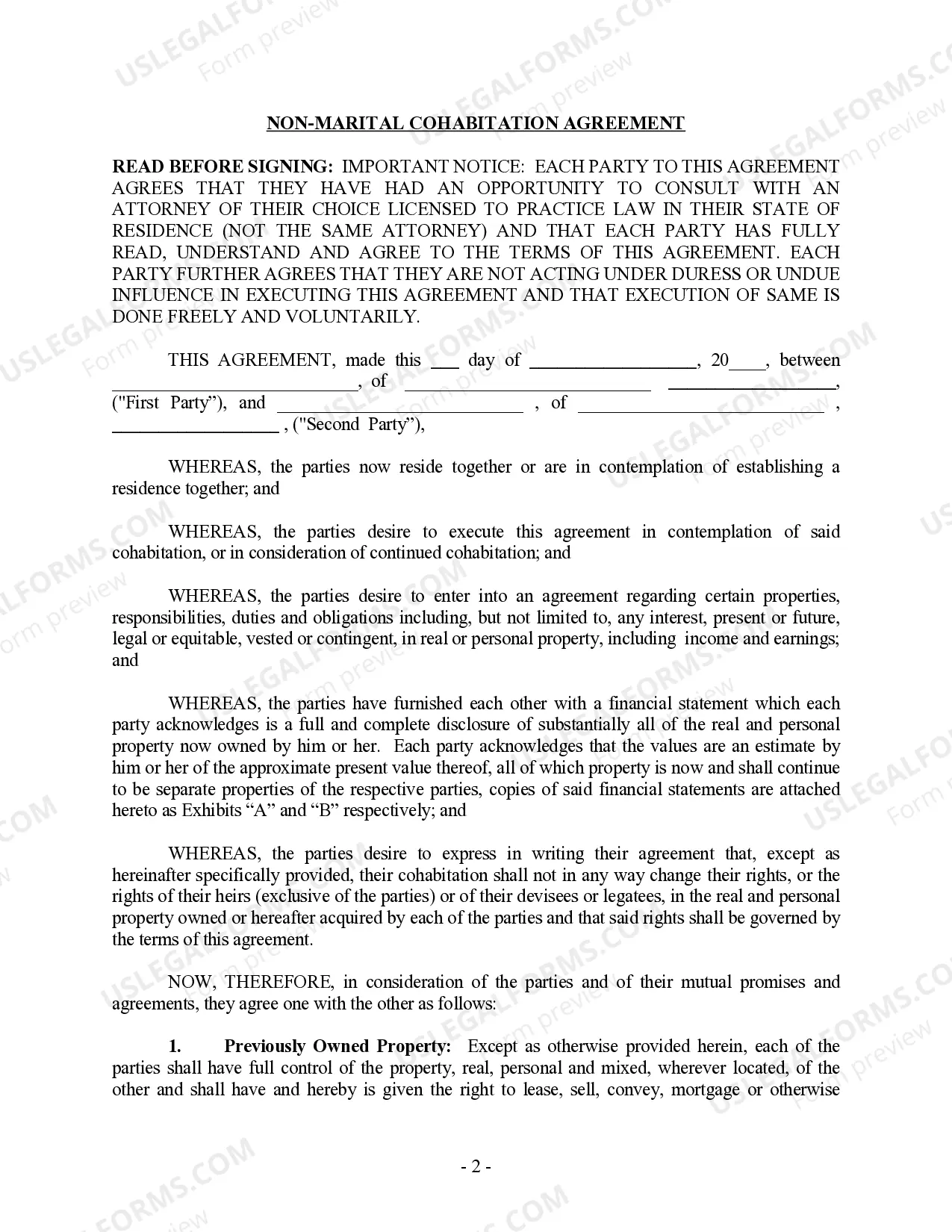 Preview Non-Marital Cohabitation Living Together Agreement