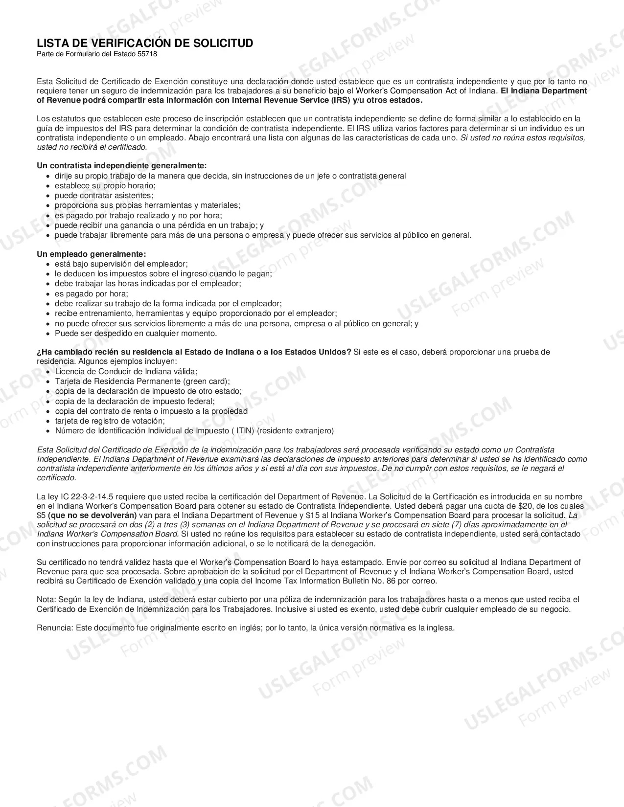 Preview Application for Worker's Compensation Clearance Certificate (Spanish) - SF55718