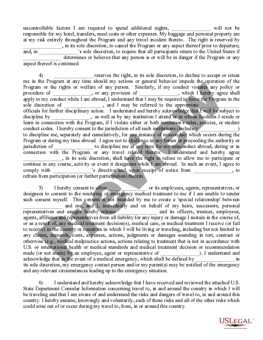 Preview Statement of Responsibility, Release and Agreement to Participate in International Program