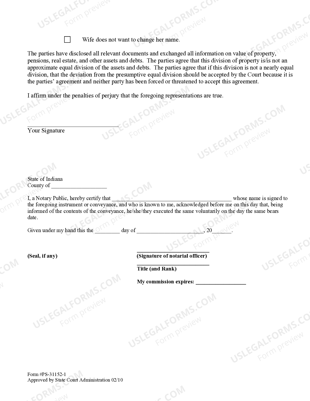 Indiana Decree of Dissolution of Marriage and Settlement Agreement with No Children Divorce