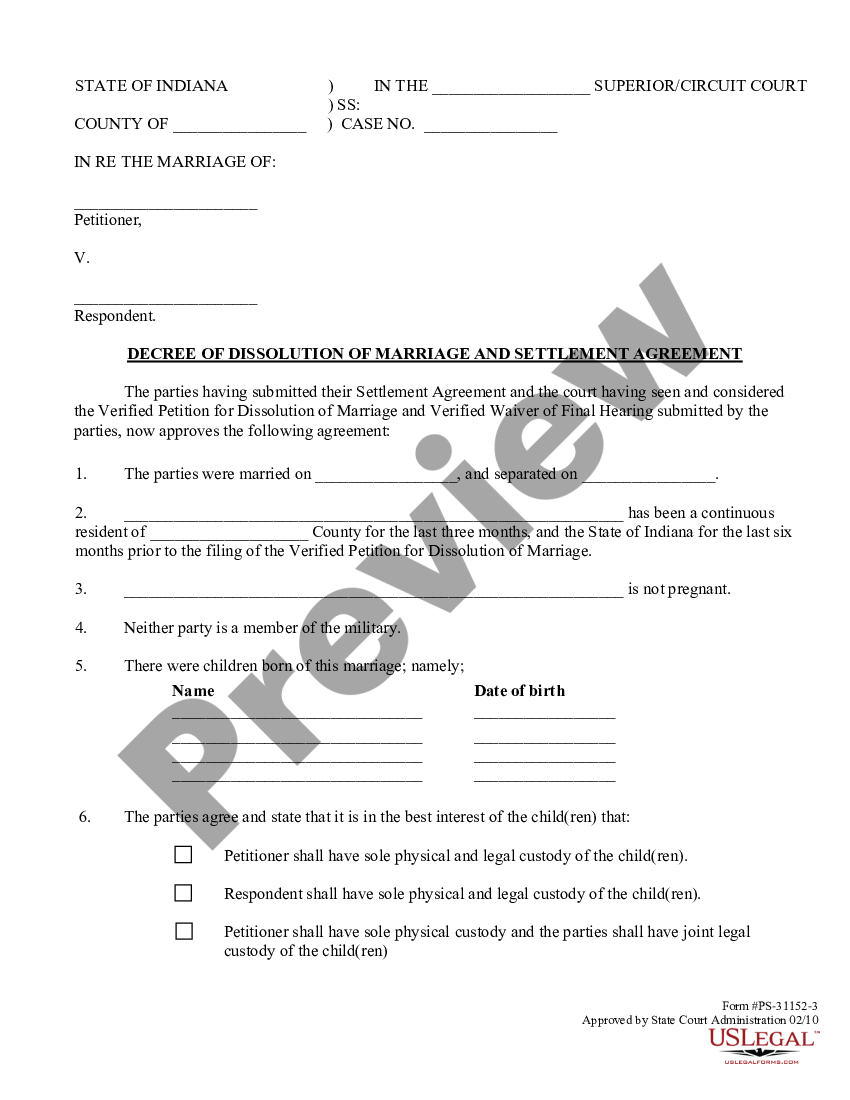 Indiana Decree of Dissolution of Marriage and Settlement Agreement with Children Divorce