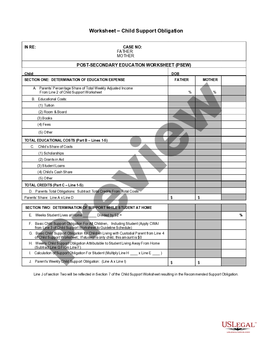 Child Support Obligation Worksheet Indiana Form US Legal Forms