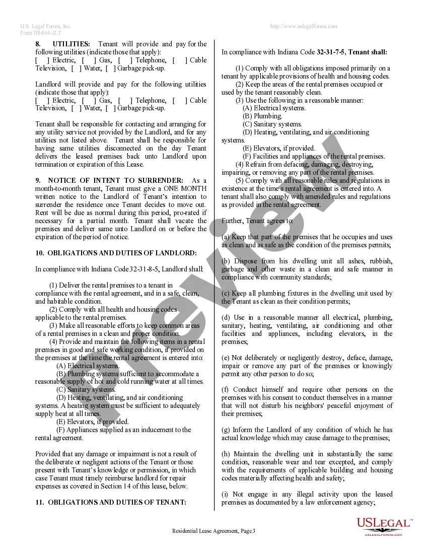 Preview Residential Lease or Rental Agreement for Month to Month