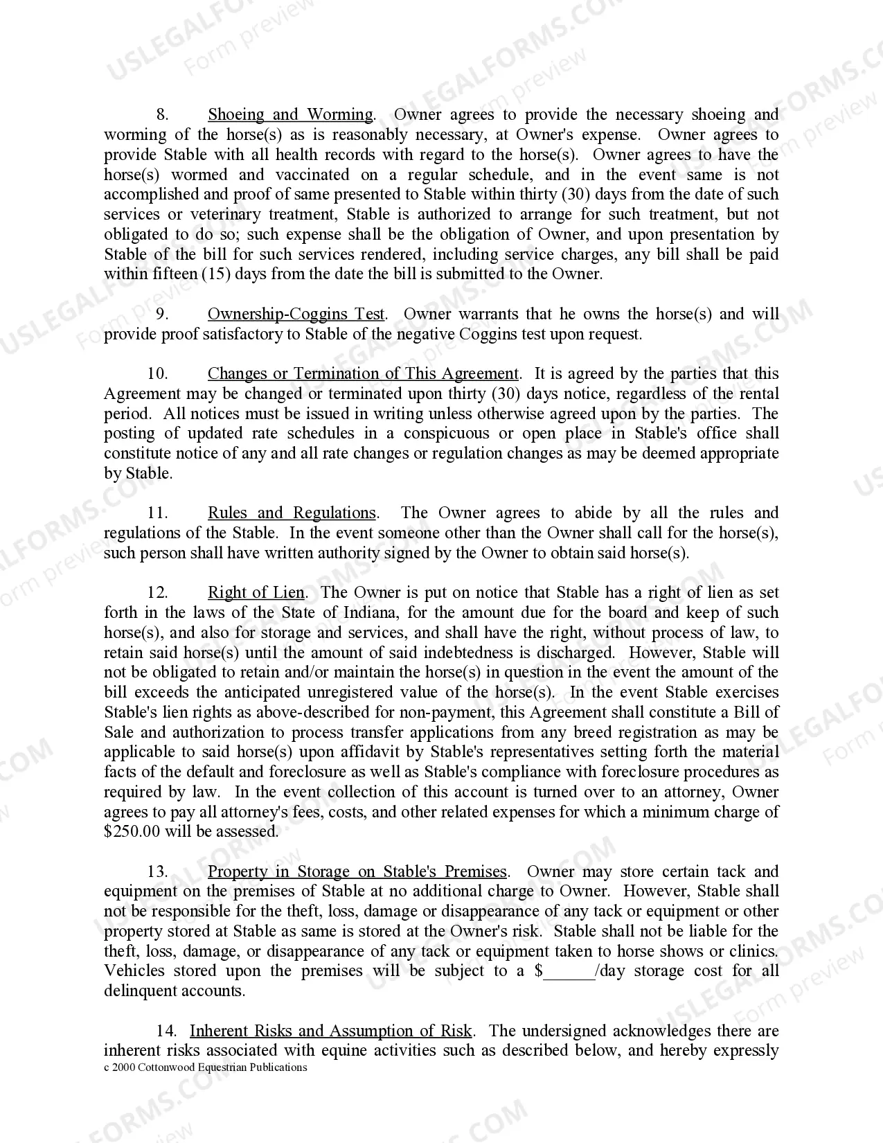 Preview Indiana Horse Equine Forms Package