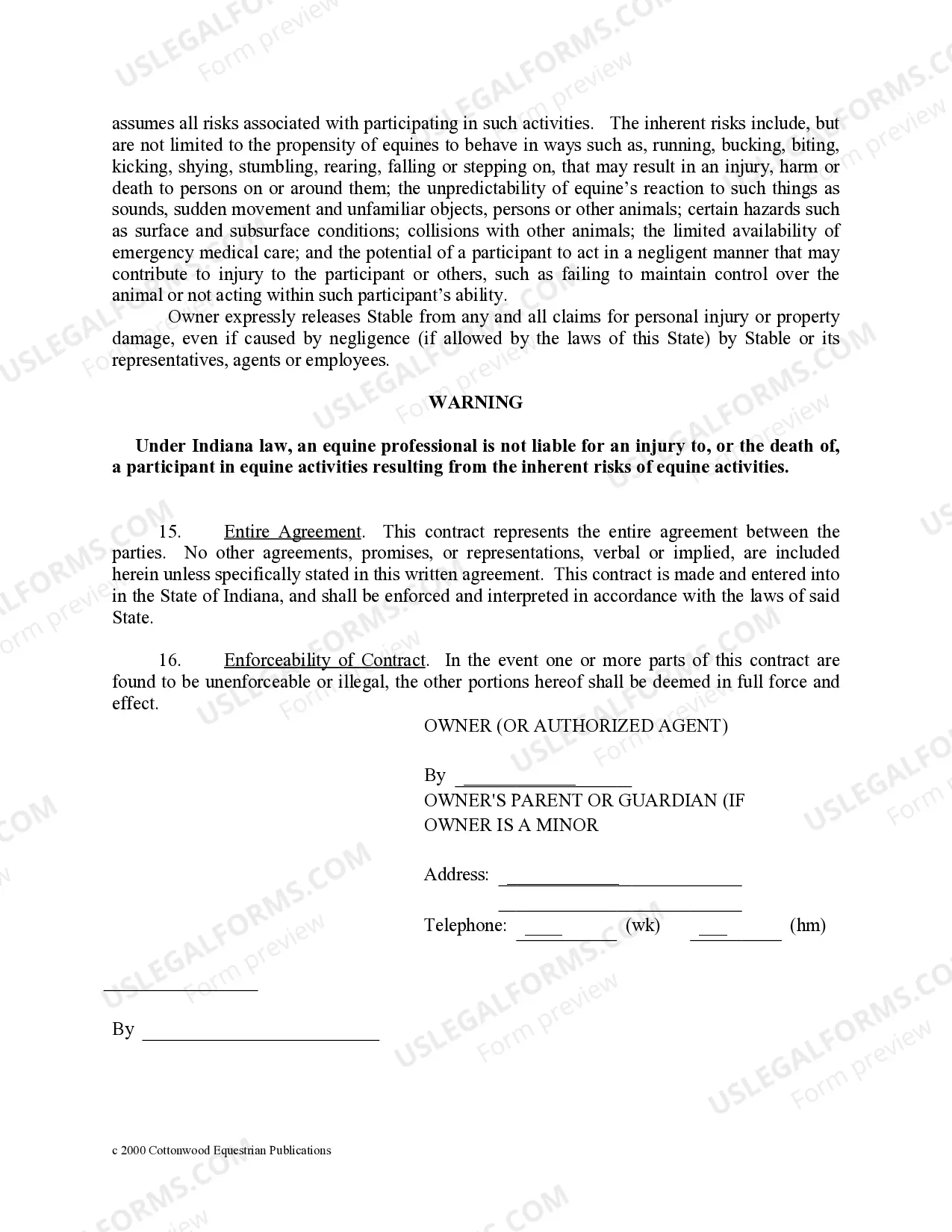 Preview Indiana Horse Equine Forms Package