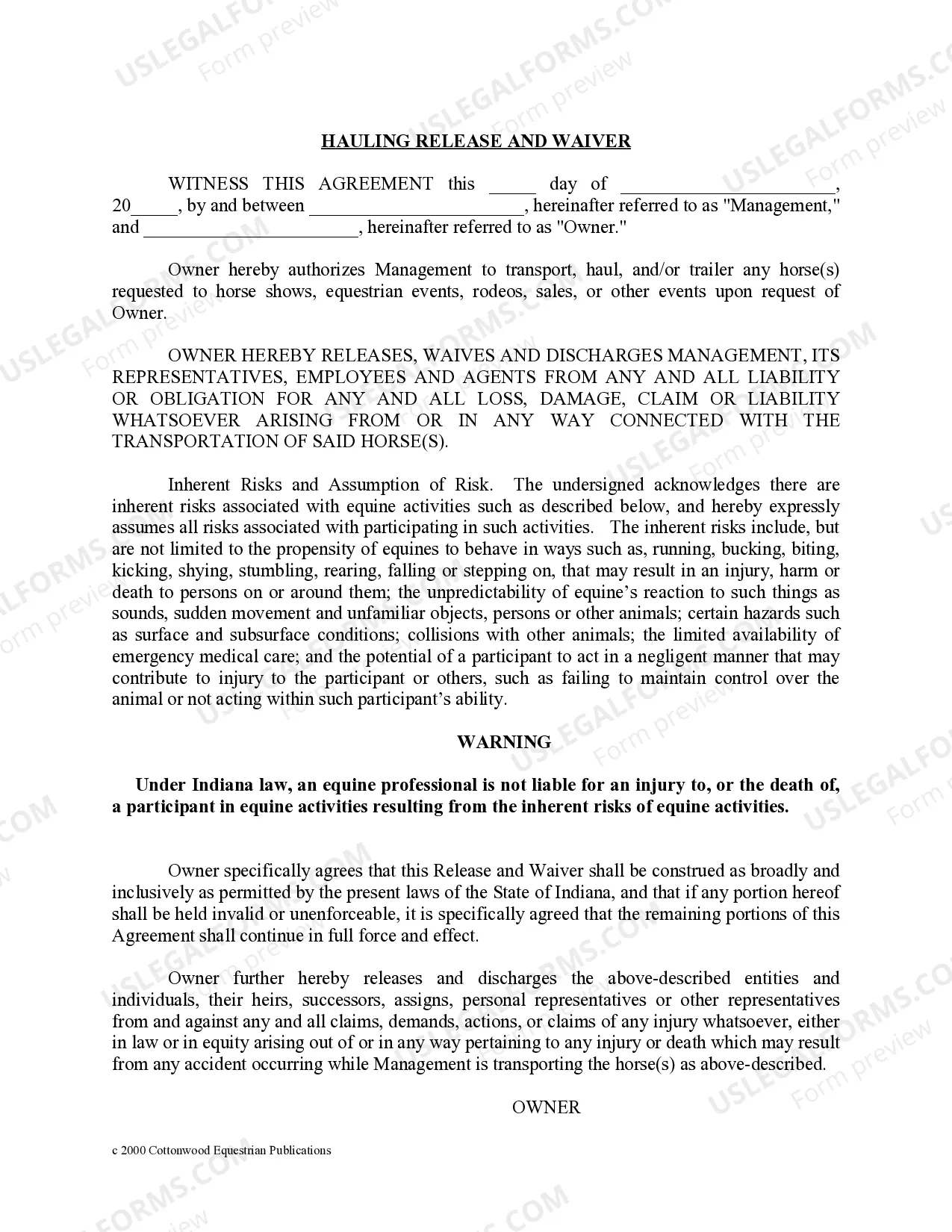 Preview Indiana Horse Equine Forms Package