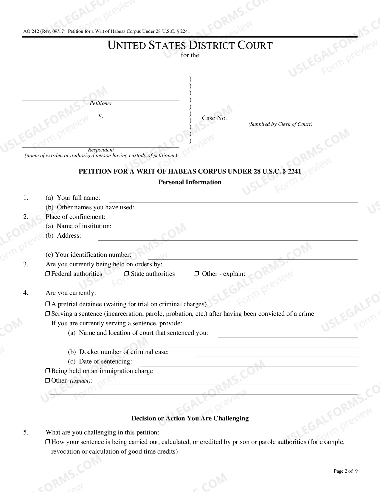 Preview Application to Proceed in District Court Without Prepaying Fees or Costs (Short Form)