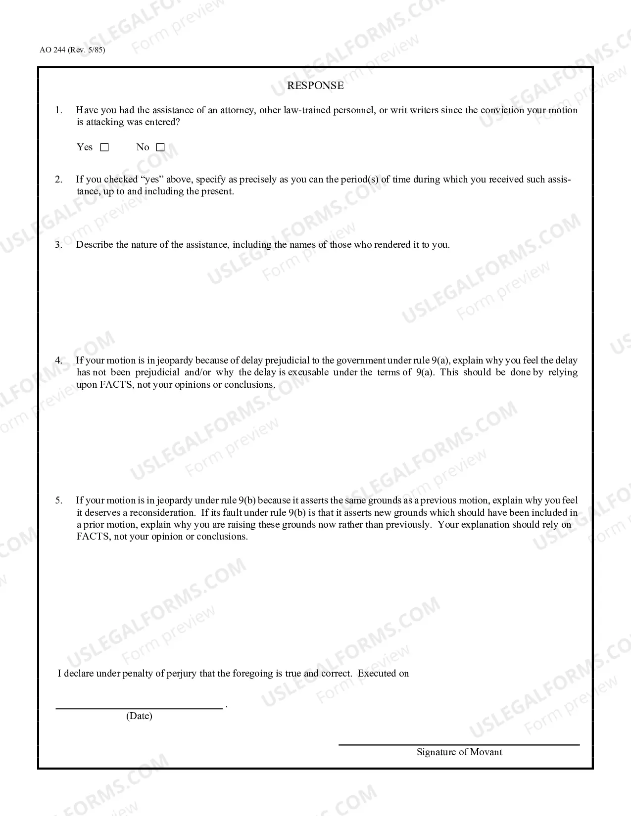 Preview Movant's Response as to Why his Motion under 28 USC 2255 Should not be Barred under Rule 9