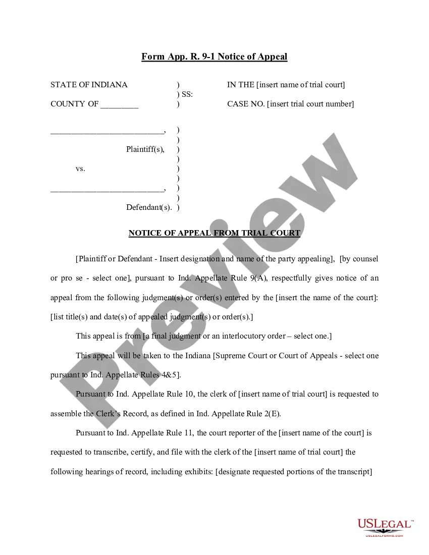 Indianapolis Indiana Notice of Appeal Appearance | US Legal Forms