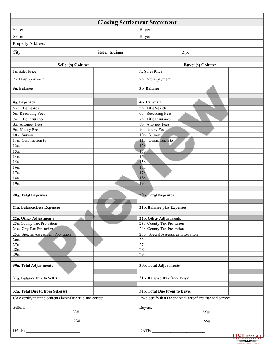 Indiana Closing Statement Closing Statement Form Us Legal Forms