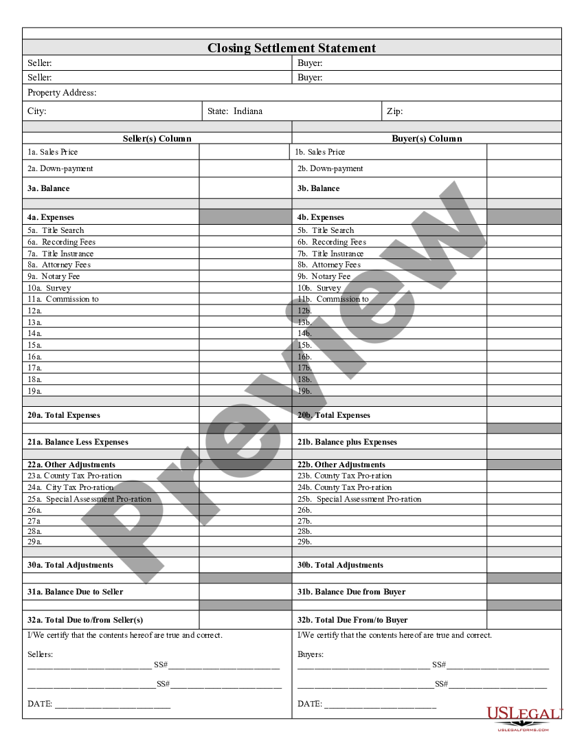 Indiana Closing Statement Closing Statement Form Us Legal Forms