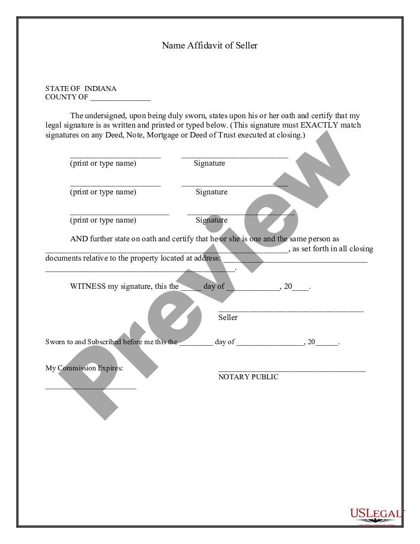 Indiana Name Affidavit Of Seller Us Legal Forms 2772