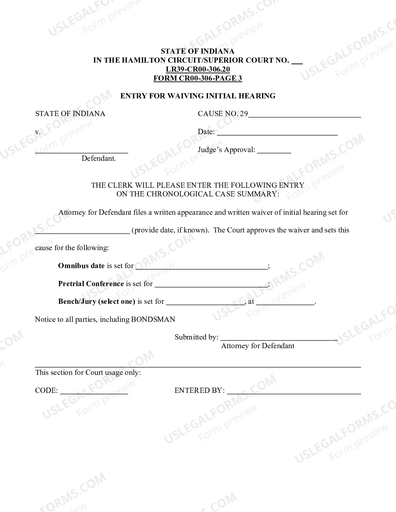 Preview Request to Waive Misdemeanor Initial Hearing (LR29-CR00-306.20) - Form CR-306 (PDF)Opens a New Window.