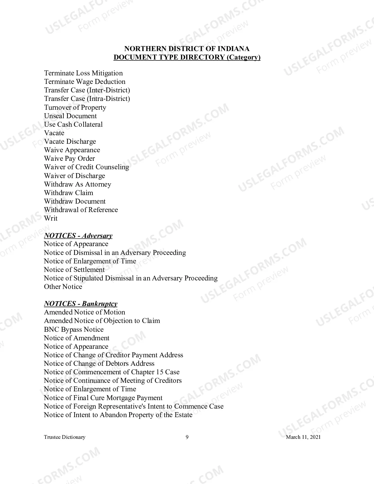 Preview Document Type Directory - Category (Trustee Reference Materials)