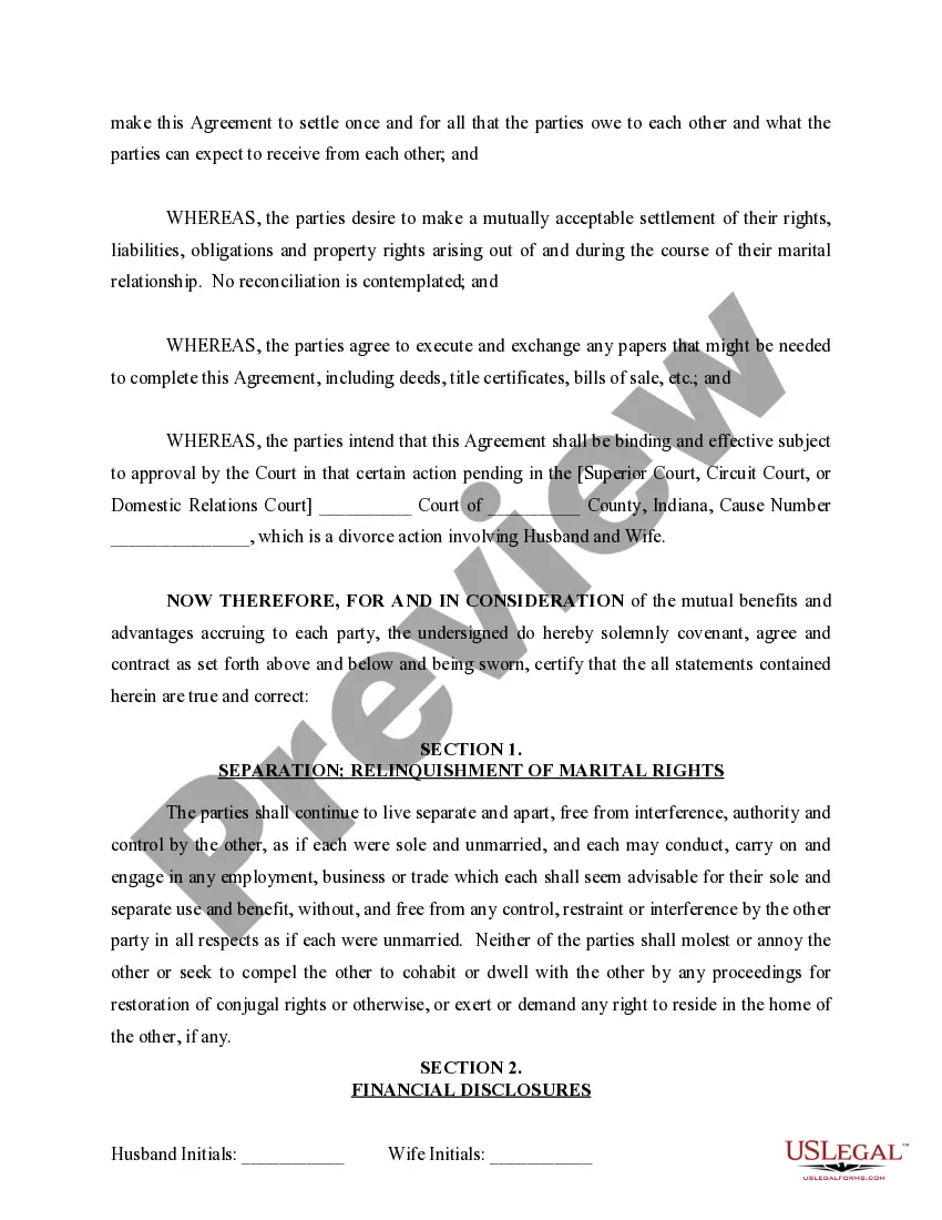 Get Marital Legal Separation and Property Settlement Agreement for persons with No Children, No Joint Property or Debts where Divorce Action Filed Preview Marital Legal Separation and Property Settlement Agreement for persons with No Children, No Joint Property or Debts where Divorce Action Filed