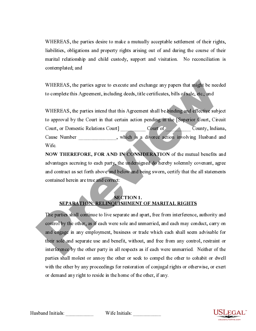 Indiana Marital Legal Separation and Property Settlement Agreement
