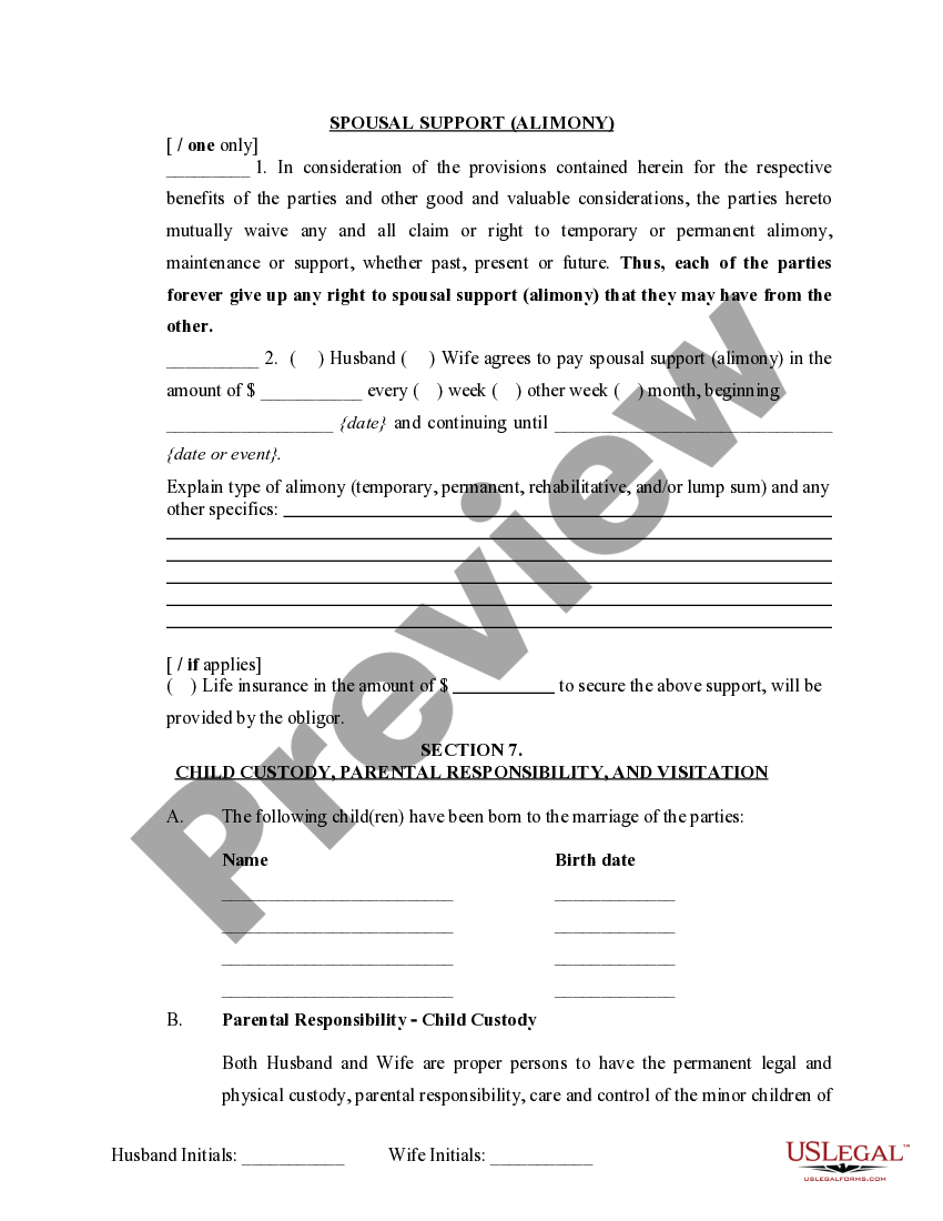 Indiana Marital Legal Separation and Property Settlement Agreement