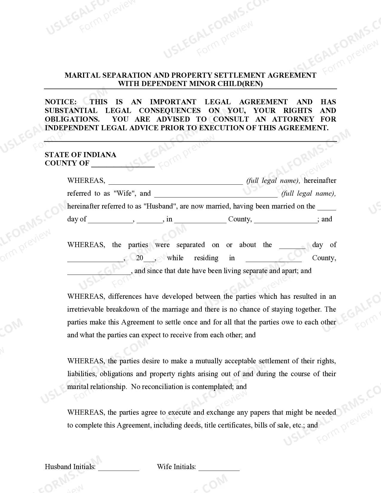 Preview Marital Legal Separation and Property Settlement Agreement Minor Children no Joint Property or Debts effective Immediately