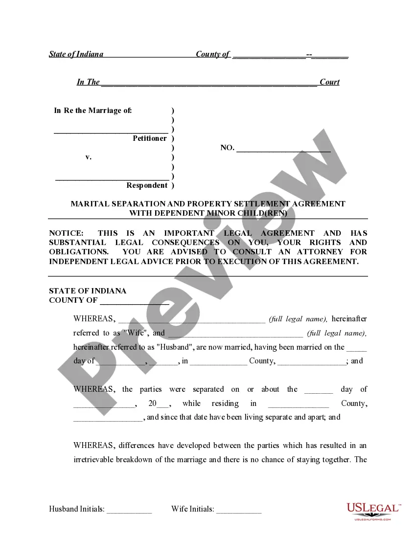 Get Marital Legal Separation and Property Settlement Agreement Minor Children Parties May have Joint Property or Debts where Divorce Action Filed Preview Marital Legal Separation and Property Settlement Agreement Minor Children Parties May have Joint Property or Debts where Divorce Action Filed