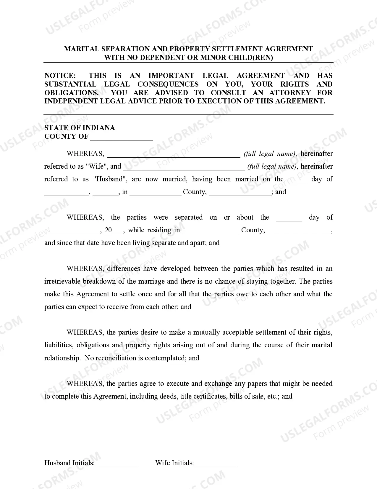 Preview Marital Legal Separation and Property Settlement Agreement for persons with no Children, no Joint Property, or Debts Effective Immediately