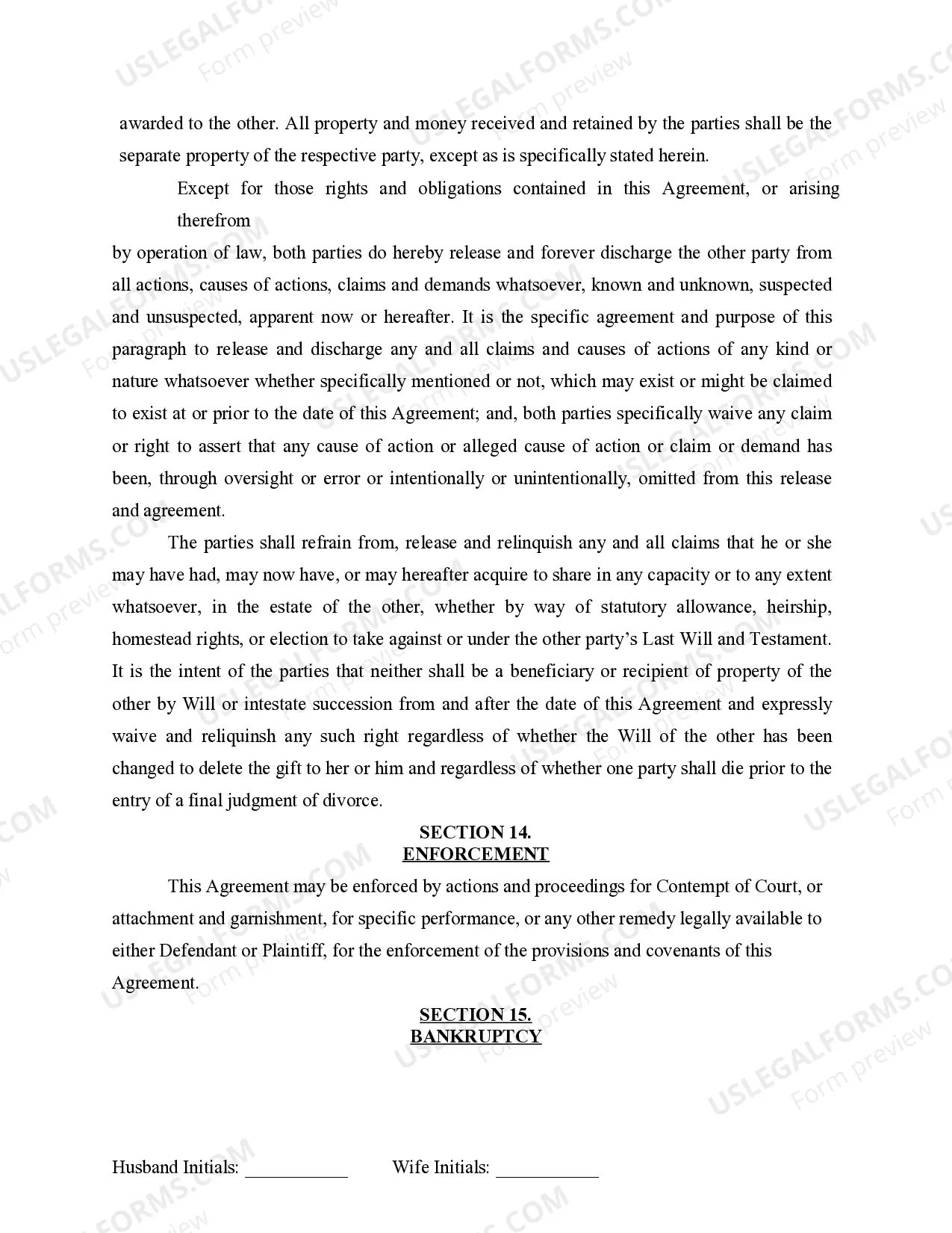 Preview Marital Legal Separation and Property Settlement Agreement for persons with no Children, no Joint Property, or Debts Effective Immediately