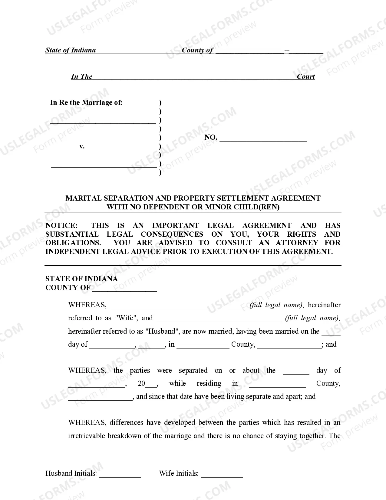 Preview Marital Legal Separation and Property Settlement Agreement no Children parties may have Joint Property or Debts where Divorce Action Filed