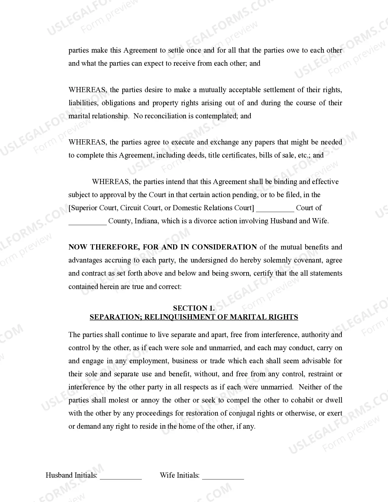 Preview Marital Legal Separation and Property Settlement Agreement no Children parties may have Joint Property or Debts where Divorce Action Filed