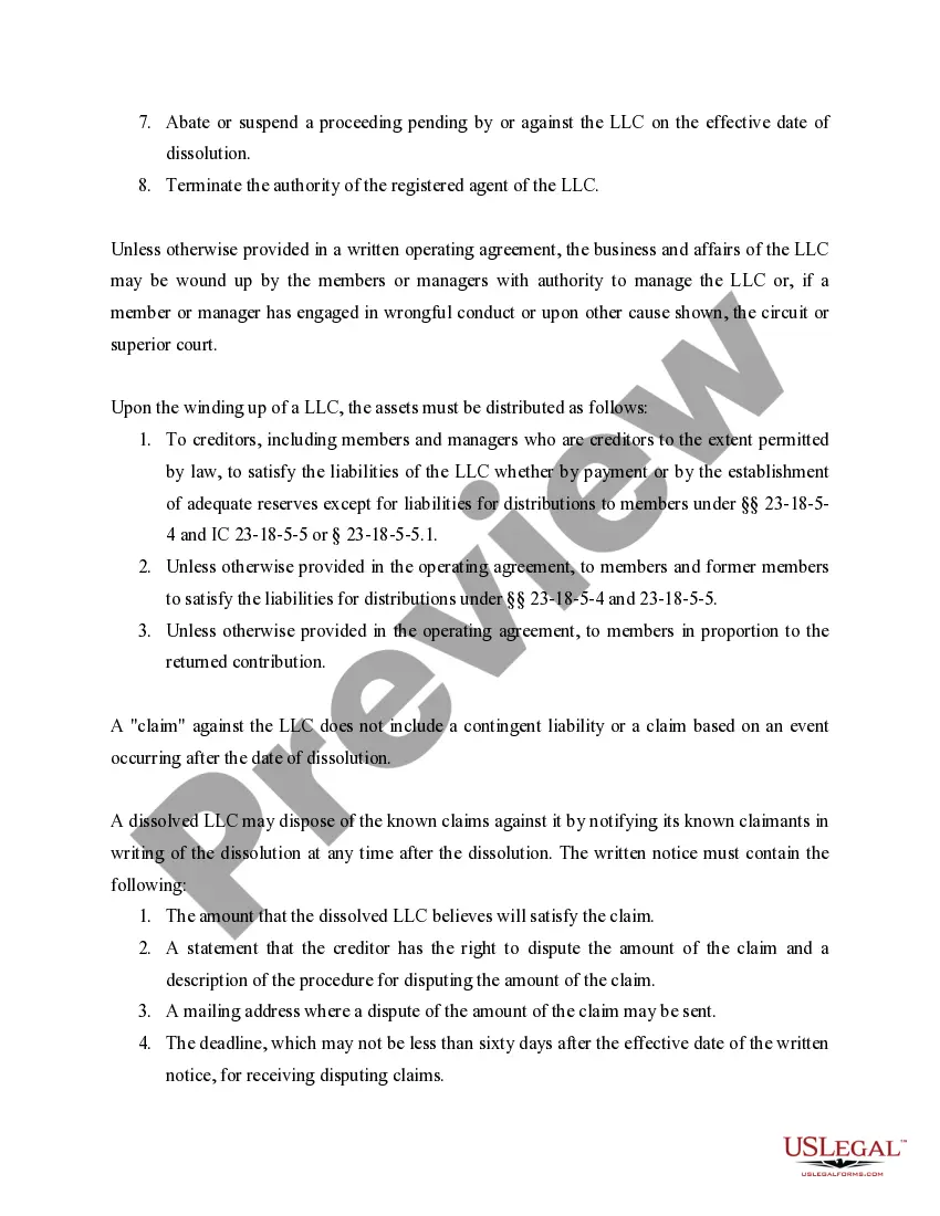 Get Indiana Dissolution Package to Dissolve Limited Liability Company LLC - Electronic Version Preview Indiana Dissolution Package to Dissolve Limited Liability Company LLC - Electronic Version
