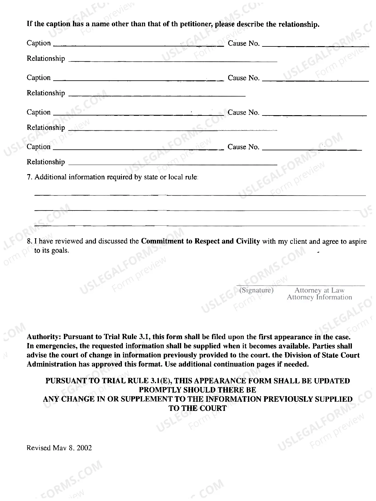 Preview Appearance Form Domestic Relations(Marion County ONLY)