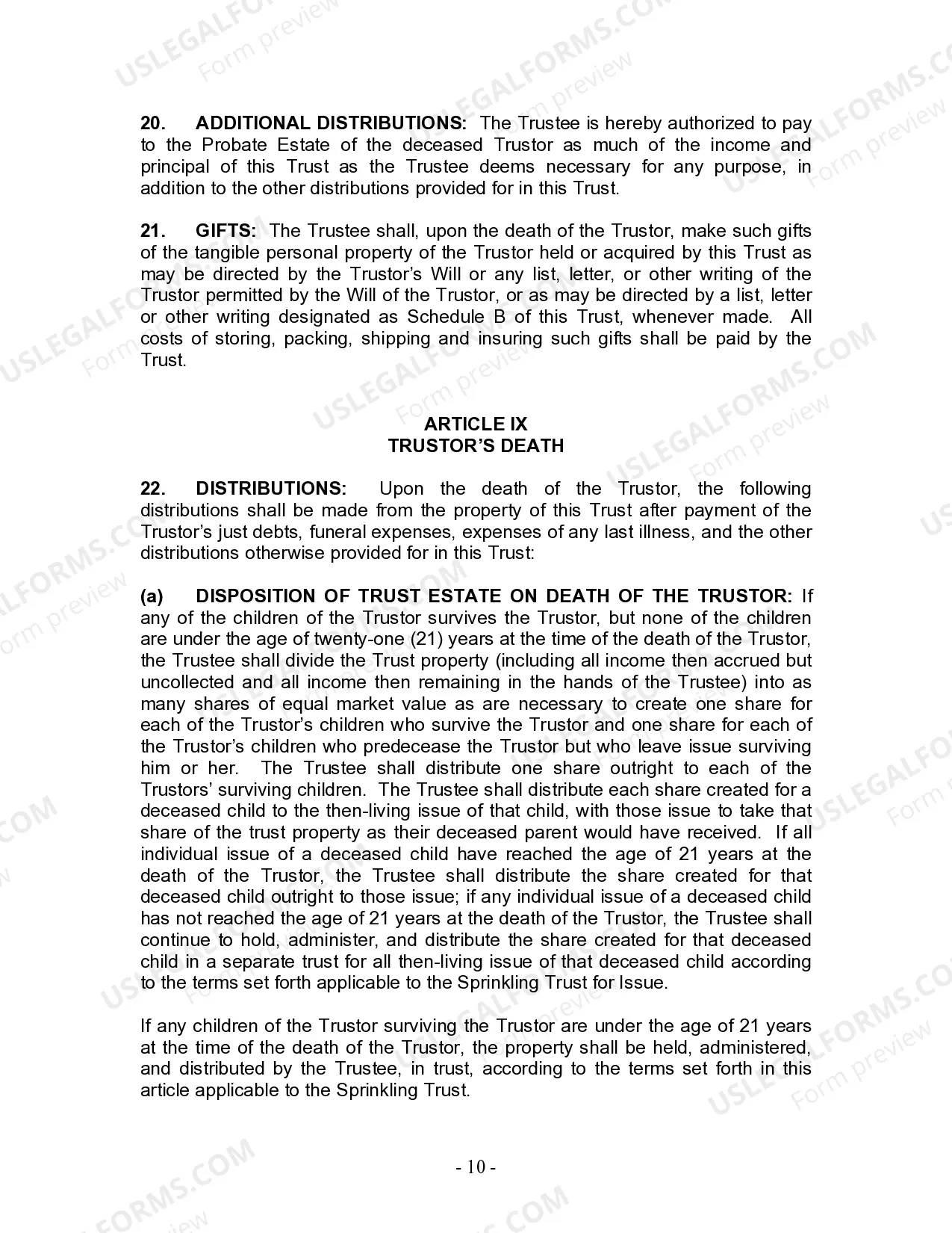 Preview Living Trust for individual, Who is Single, Divorced or Widow or Widower with Children