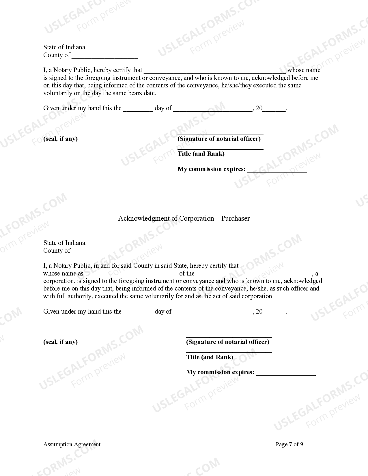 Indiana Assumption Agreement of Mortgage and Release of Original