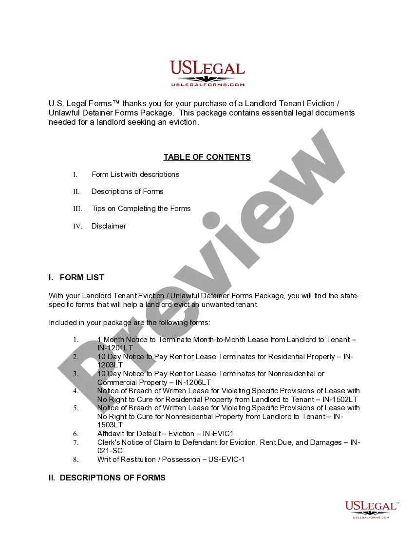 Get Indiana Landlord Tenant Eviction / Unlawful Detainer Forms Package Preview Indiana Landlord Tenant Eviction / Unlawful Detainer Forms Package