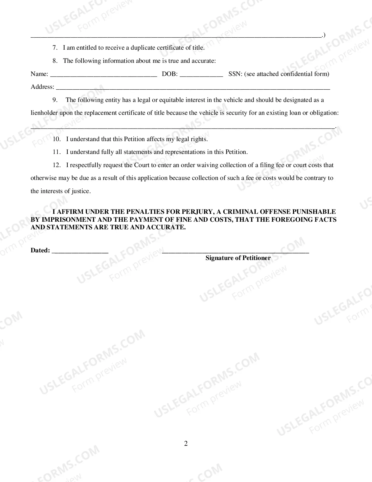 Preview Petition and Order for Replacement Certificate of Title (PDF)Opens a New Window.