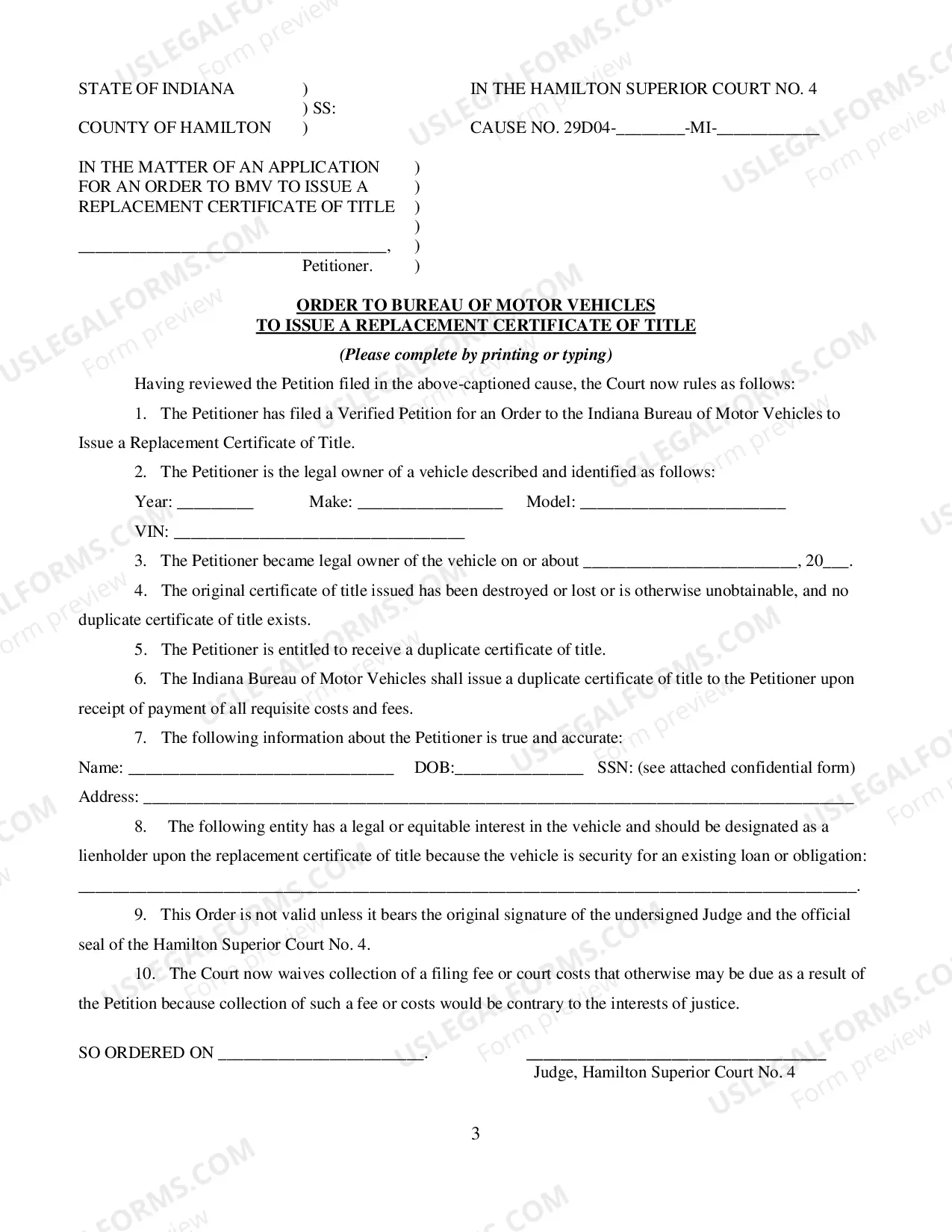 Preview Petition and Order for Replacement Certificate of Title (PDF)Opens a New Window.