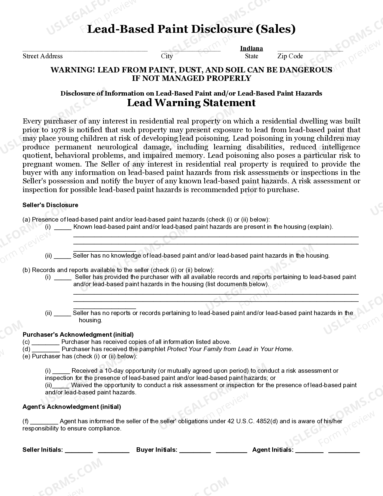 Indiana Lead Based Paint Disclosure for Sales Transaction Lead Based