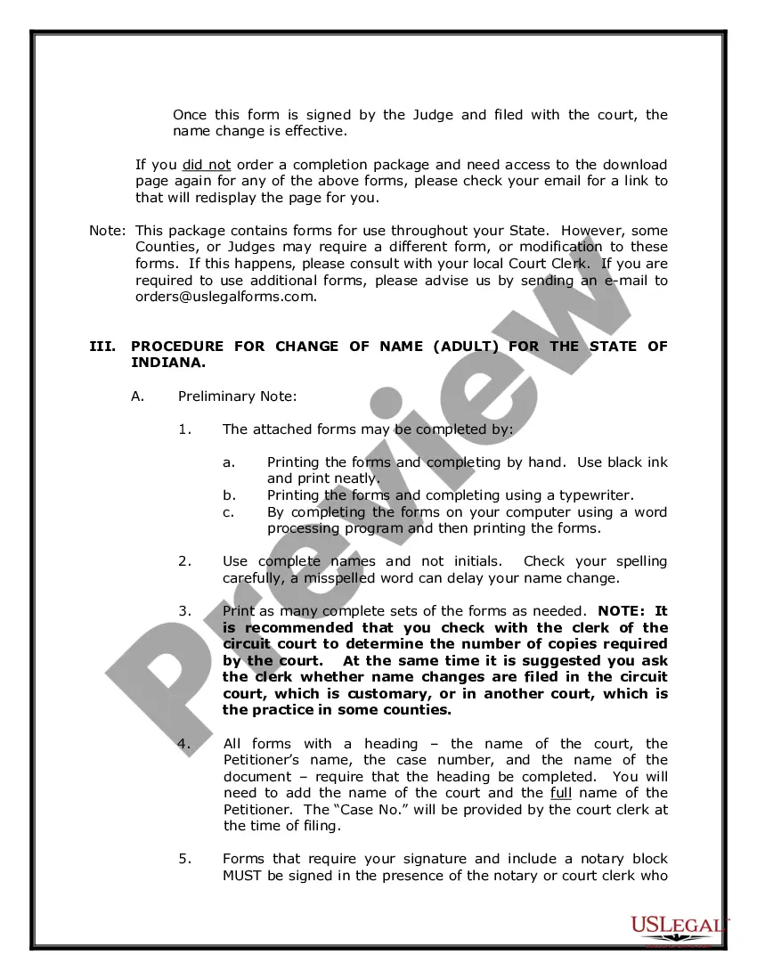 Preview Indiana Name Change Instructions and Forms Package for an Adult