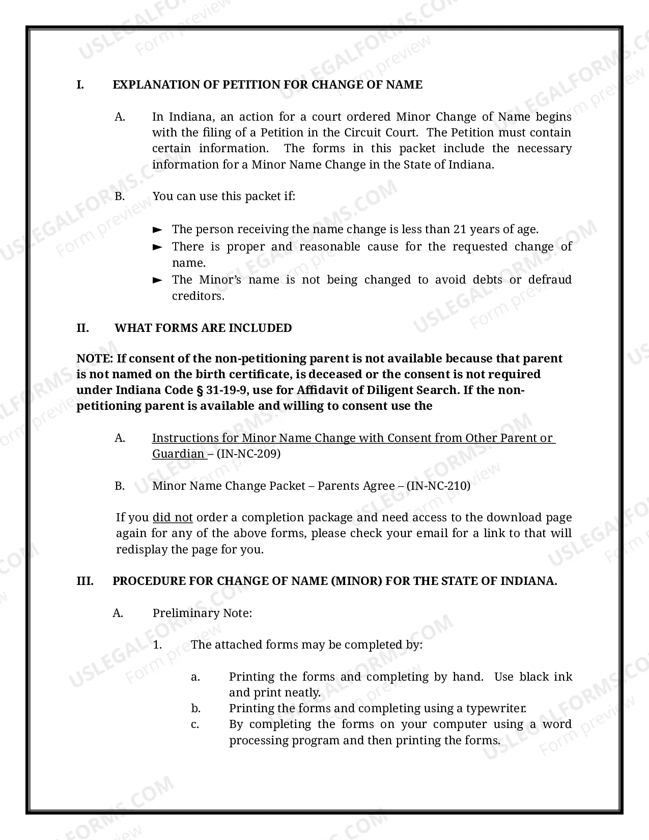 Preview Indiana Name Change Instructions and Forms Package for a Minor