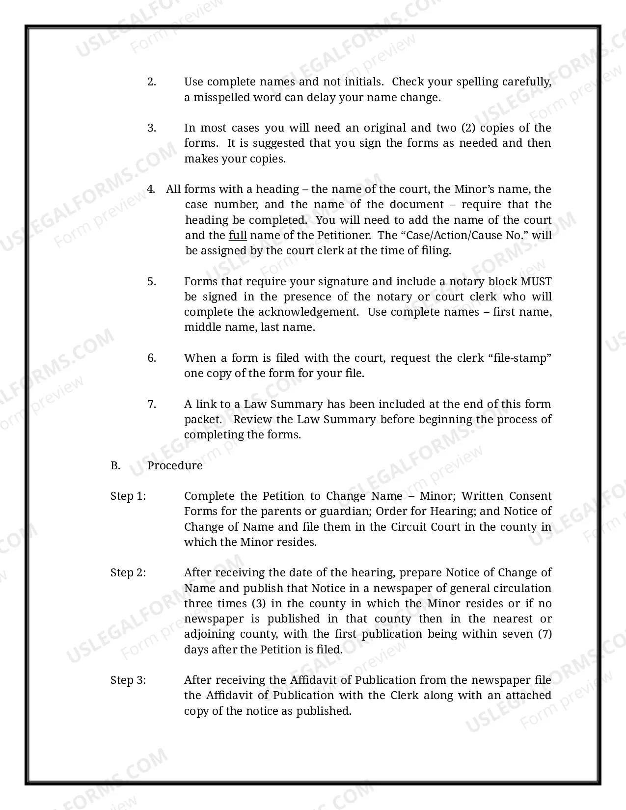 Preview Indiana Name Change Instructions and Forms Package for a Minor
