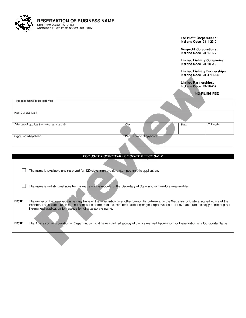 Preview Indiana Application for Reservation of LLC Name