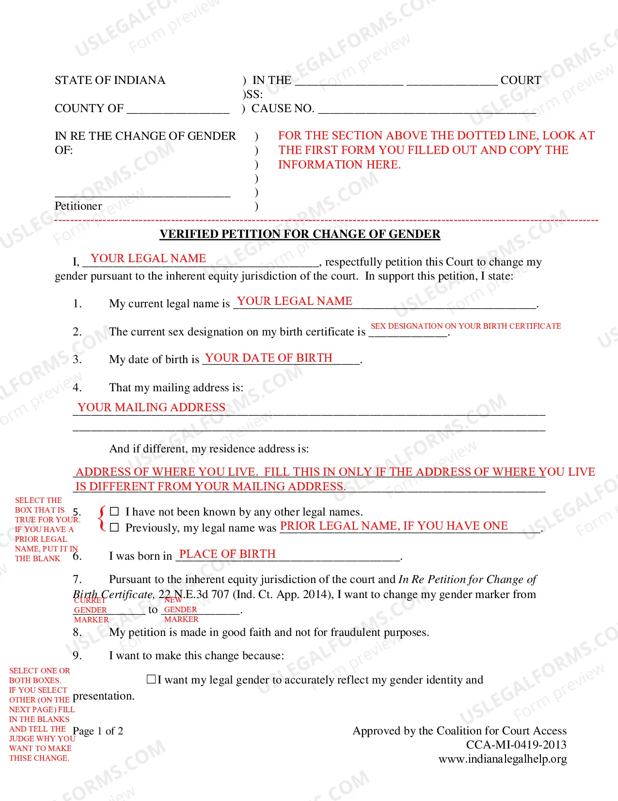 Preview Instructions for Adult Gender Marker Change