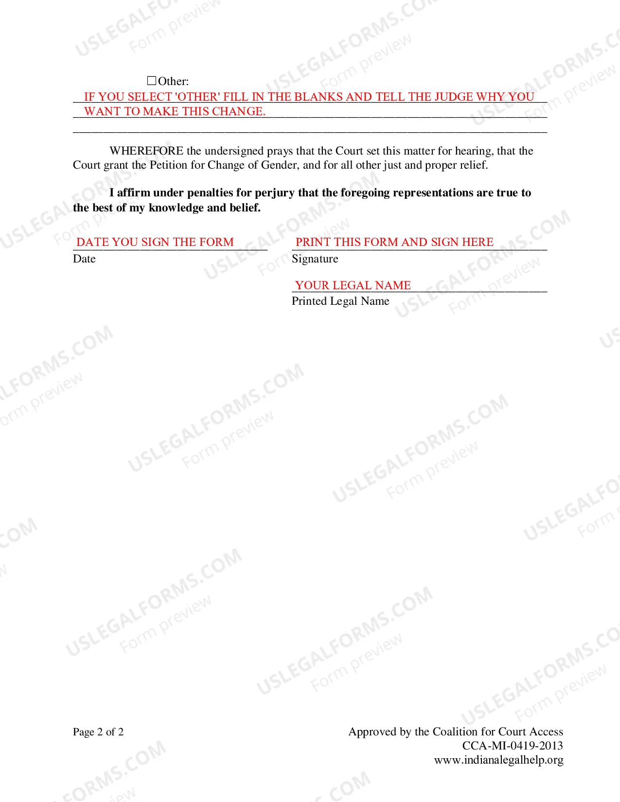 Preview Instructions for Adult Gender Marker Change