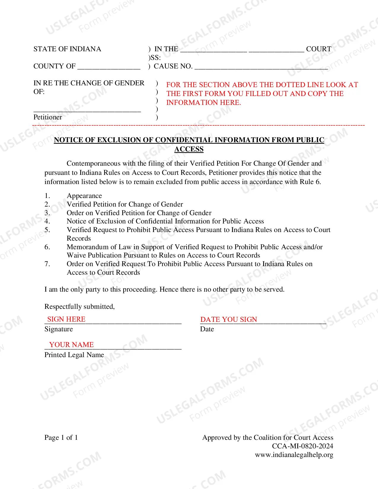 Preview Instructions for Adult Gender Marker Change