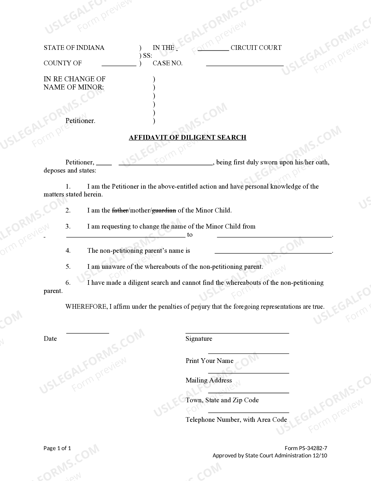 Indiana Affidavit of Diligent Search Affidavit Of Diligent Search