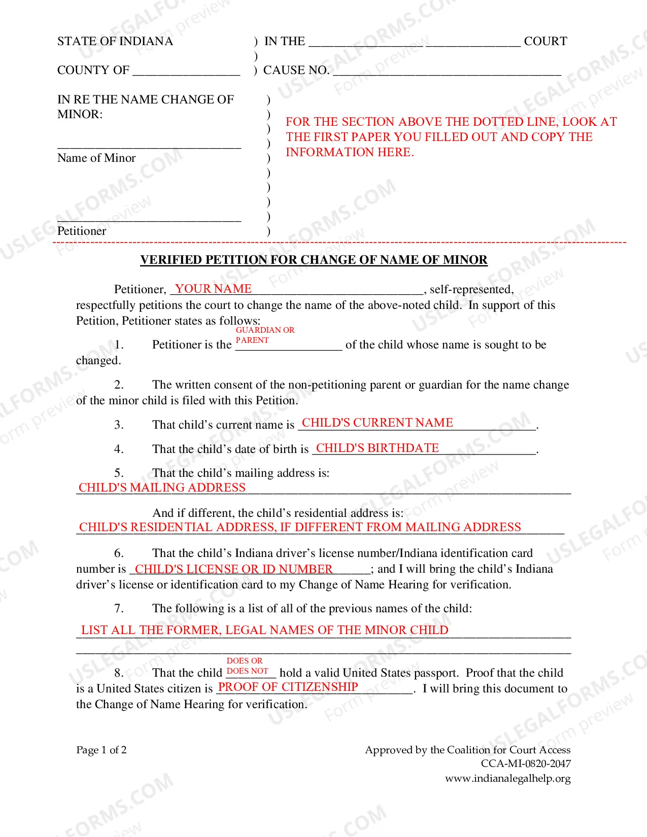Preview Instructions for Minor Child's Name Change - Parents Disagree