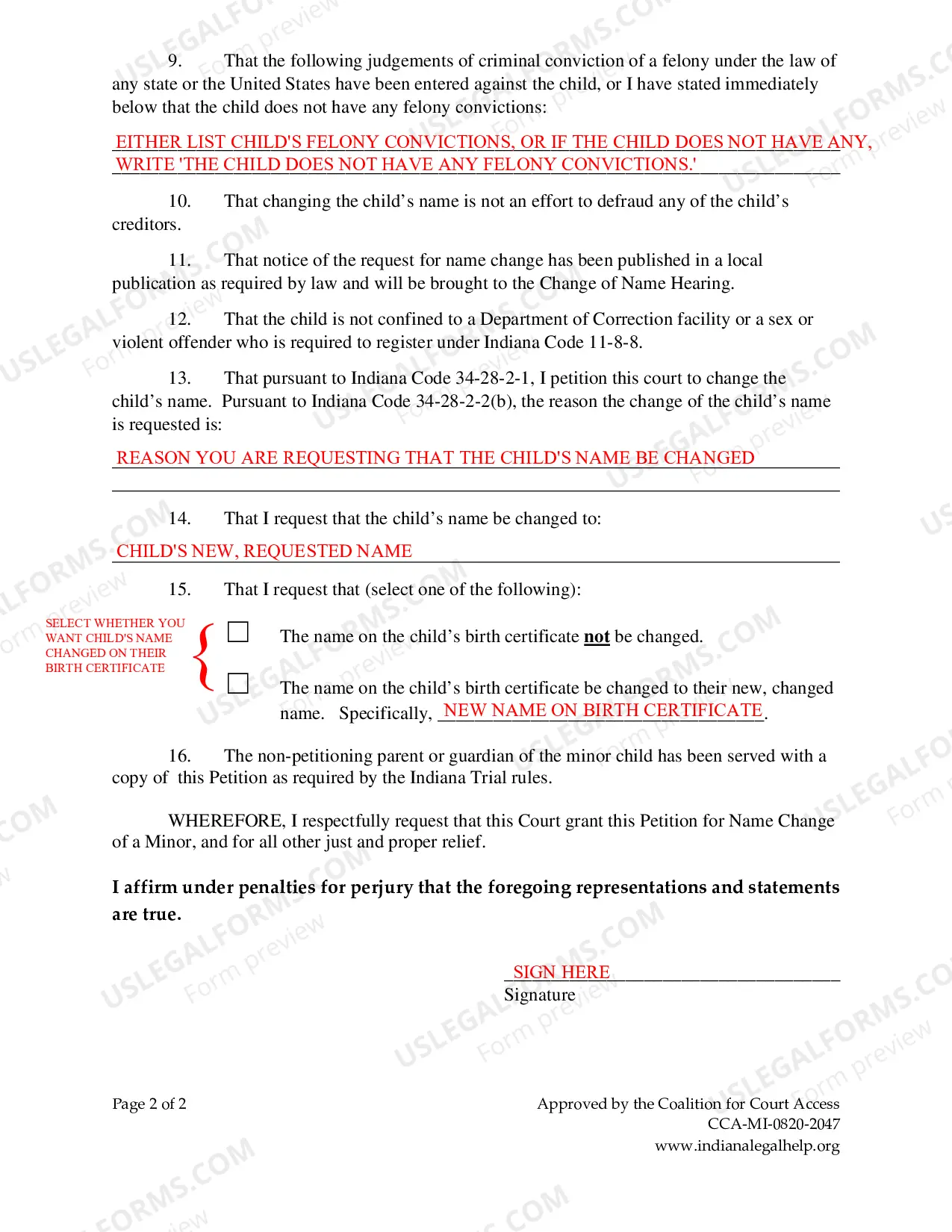 Preview Instructions for Minor Child's Name Change - Parents Disagree