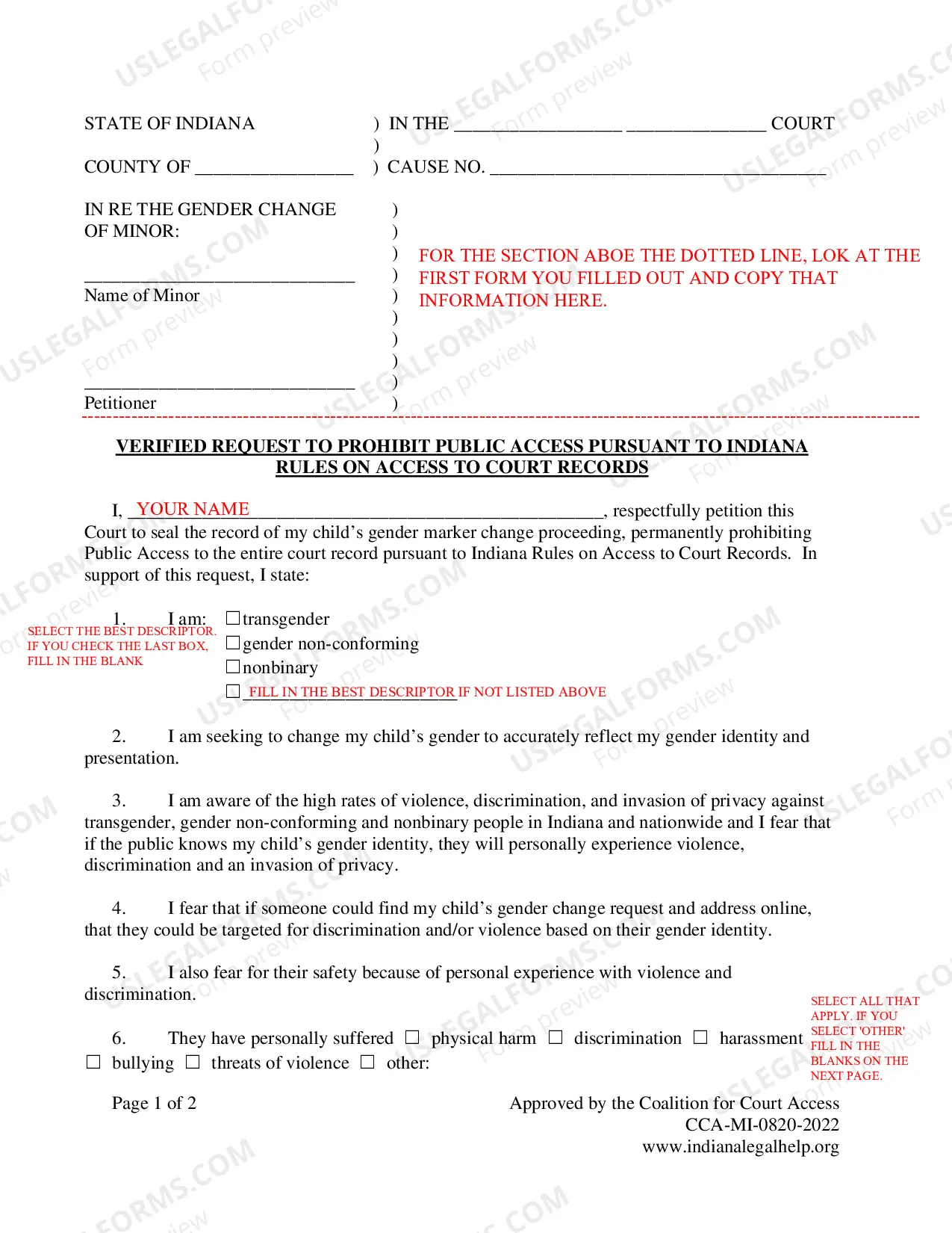 Preview Instructions for Minor Gender Marker Change