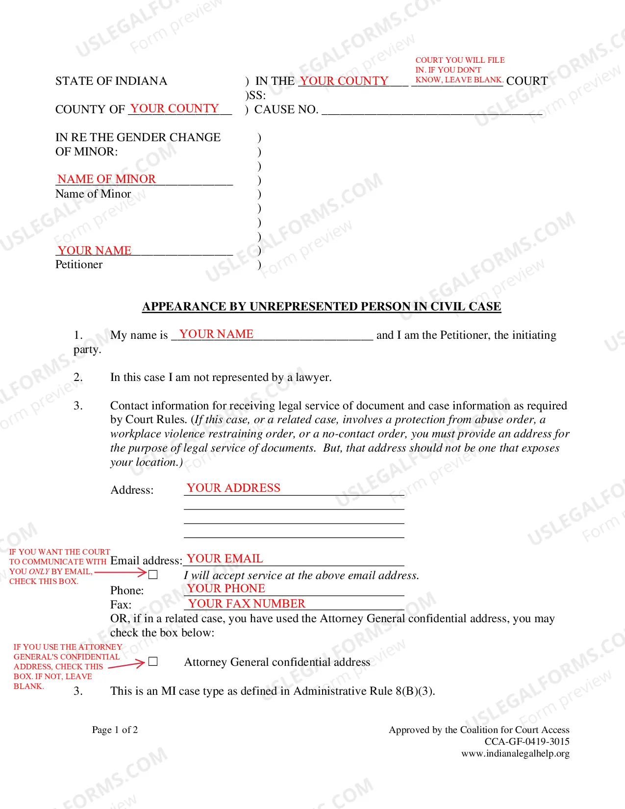 Preview Instructions for Minor Gender Marker Change