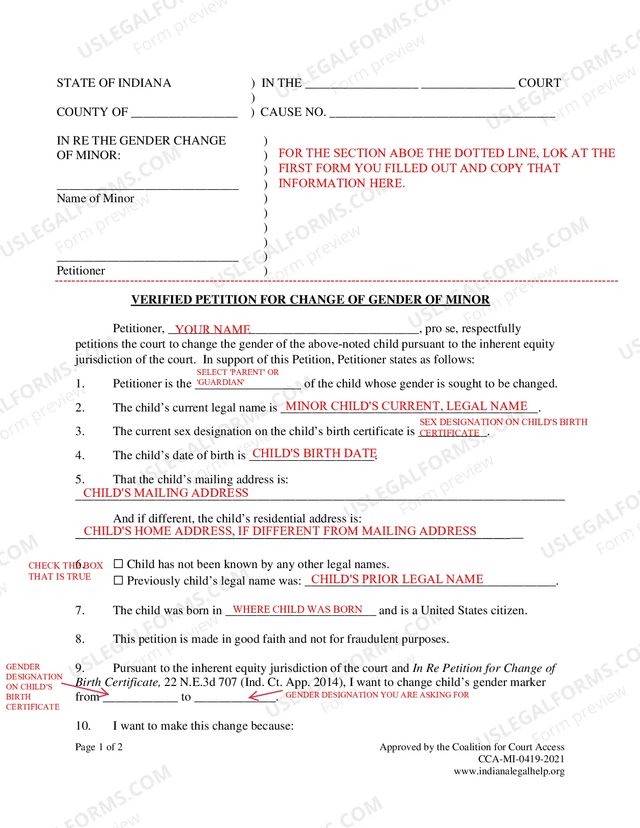 Preview Instructions for Minor Gender Marker Change