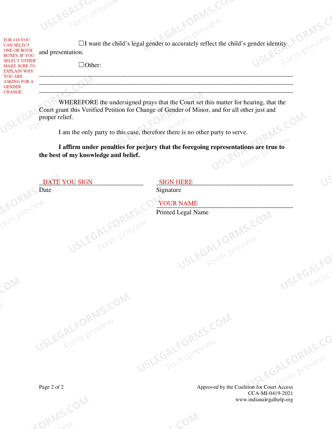 Preview Instructions for Minor Gender Marker Change