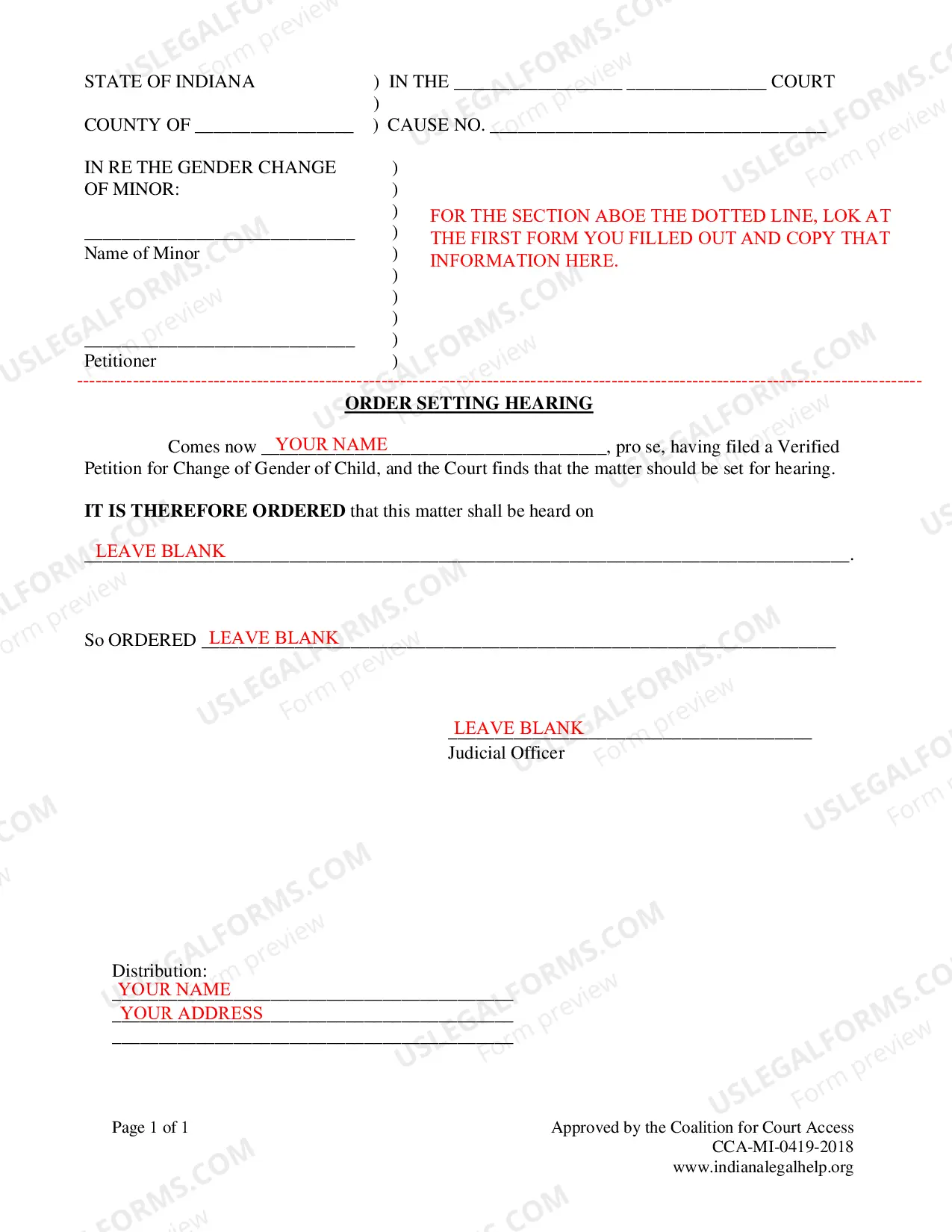 Preview Instructions for Minor Gender Marker Change